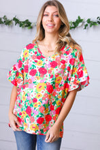 Load image into Gallery viewer, Red Flat Floral Pring Dolman Ruffle Frill Sleeve Blouse
