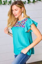 Load image into Gallery viewer, Turquoise Floral Embroidered Ruffle Sleeve Top
