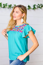 Load image into Gallery viewer, Turquoise Floral Embroidered Ruffle Sleeve Top
