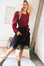 Load image into Gallery viewer, Maroon &amp; Black Lace Overlay Sash Tie Dress
