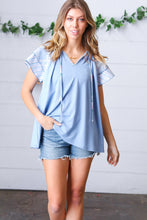 Load image into Gallery viewer, Blue Floral &amp; Stripe V Neck Tie Double Flutter Sleeve Top
