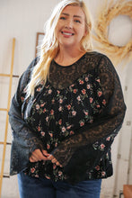 Load image into Gallery viewer, Black Floral Lace Color Block Bell Sleeve Blouse
