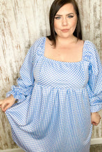 Load image into Gallery viewer, Blue Jacquard Plaid Square Neck Ruffle Sleeve Dress
