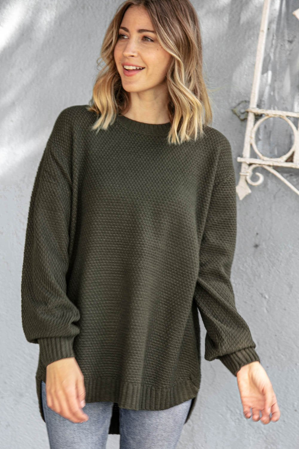 Olive Thermal Hi-Lo Round Neck Sweater