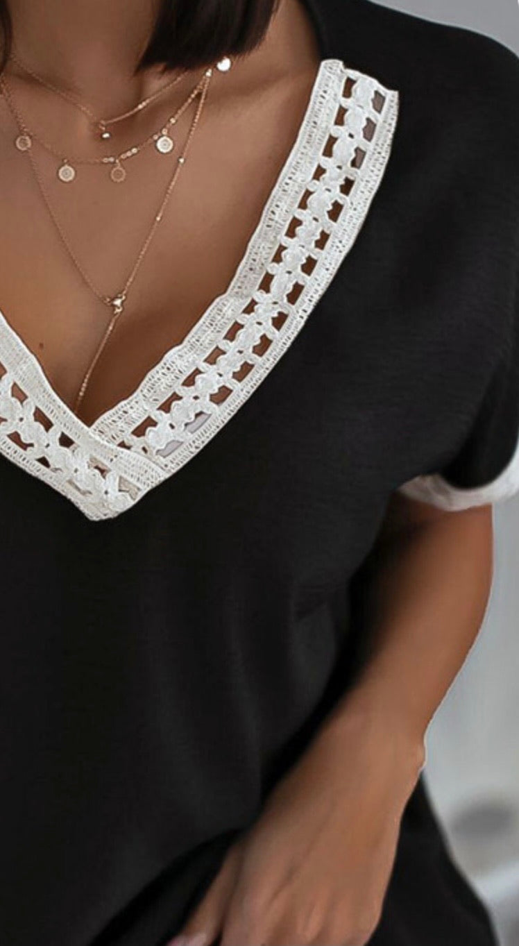 Lace Splicing V-Neck Top