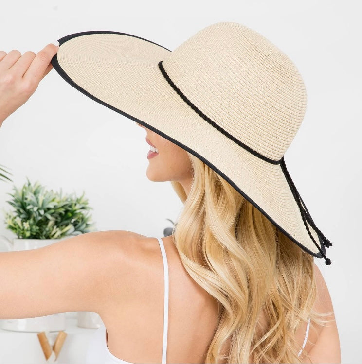Panama Brim Summer Hat with Black Braided Strap