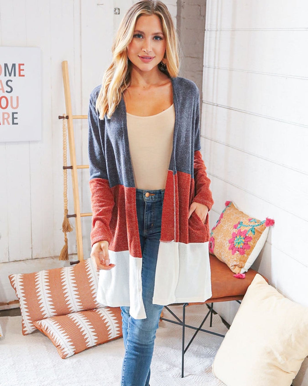 Grey & Rust Two Tone Hacci Colorblock Pocketed Cardigan