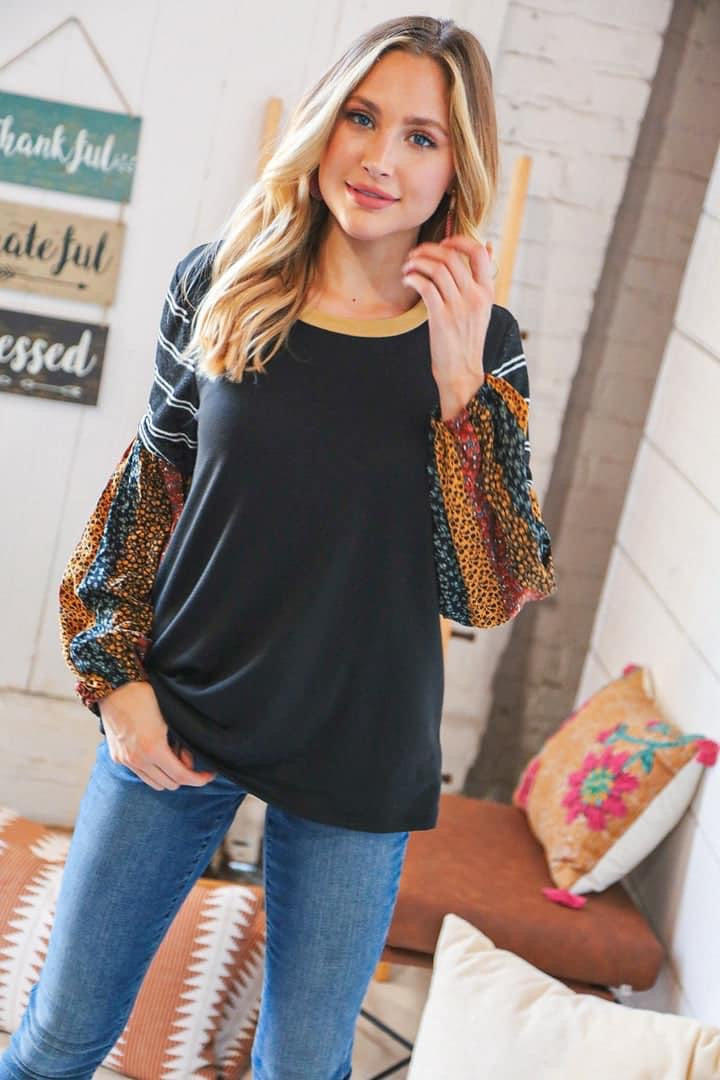 Long Sleeve Black with Multi Color Bubble Sleeve Top